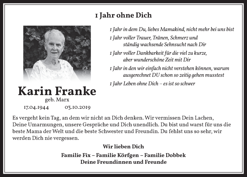  Traueranzeige für Karin Franke vom 01.10.2020 aus  Werbepost 