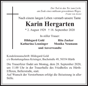 Anzeige von Karin Hergarten von  Wochenende 