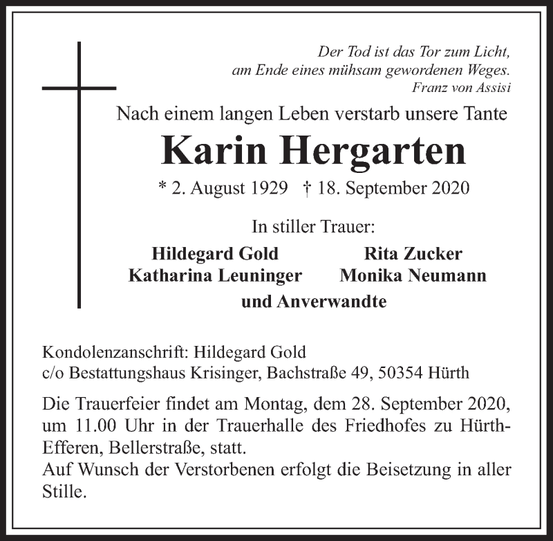  Traueranzeige für Karin Hergarten vom 25.09.2020 aus  Wochenende 
