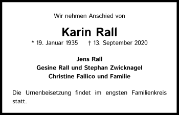 Anzeige von Karin Rall von Kölner Stadt-Anzeiger / Kölnische Rundschau / Express