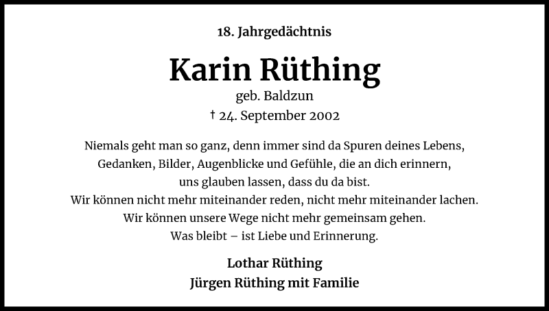  Traueranzeige für Karin Rüthing vom 24.09.2020 aus Kölner Stadt-Anzeiger / Kölnische Rundschau / Express