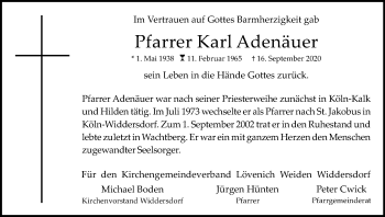 Anzeige von Karl Adenäuer von Kölner Stadt-Anzeiger / Kölnische Rundschau / Express