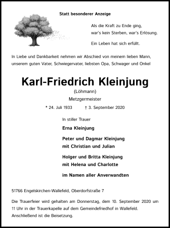 Anzeige von Karl-Friedrich Kleinjung von Kölner Stadt-Anzeiger / Kölnische Rundschau / Express