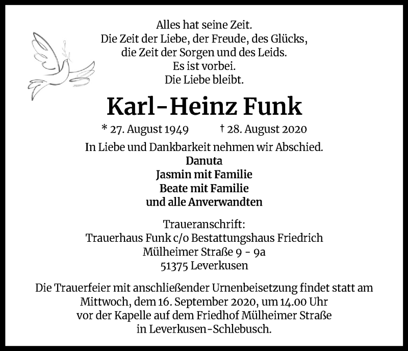  Traueranzeige für Karl-Heinz Funk vom 05.09.2020 aus Kölner Stadt-Anzeiger / Kölnische Rundschau / Express
