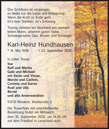 Anzeige von Karl-Heinz Hundhausen von Kölner Stadt-Anzeiger / Kölnische Rundschau / Express