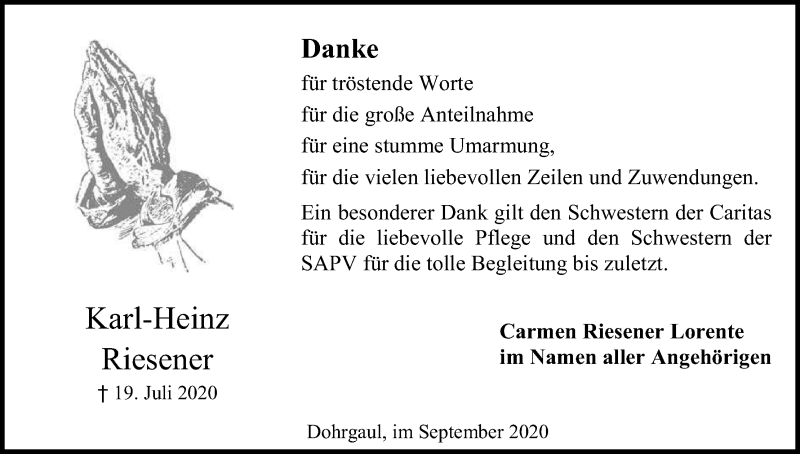  Traueranzeige für Karl-Heinz Riesener vom 05.09.2020 aus Kölner Stadt-Anzeiger / Kölnische Rundschau / Express