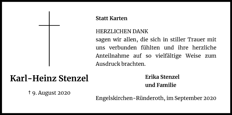  Traueranzeige für Karl-Heinz Stenzel vom 26.09.2020 aus Kölner Stadt-Anzeiger / Kölnische Rundschau / Express