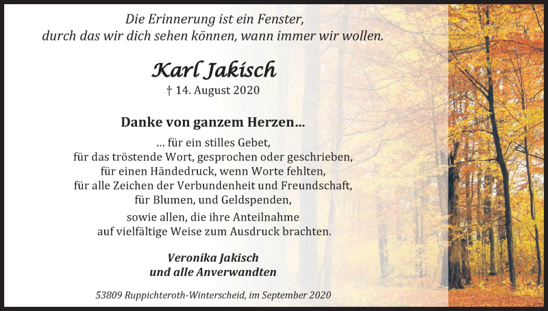  Traueranzeige für Karl Jakisch vom 24.09.2020 aus Kölner Stadt-Anzeiger / Kölnische Rundschau / Express