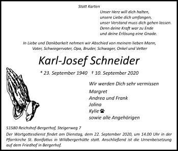 Anzeige von Karl-Josef Schneider von Kölner Stadt-Anzeiger / Kölnische Rundschau / Express