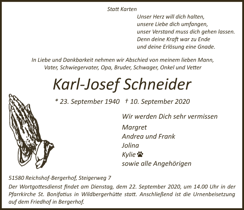  Traueranzeige für Karl-Josef Schneider vom 18.09.2020 aus  Anzeigen Echo  Lokalanzeiger 