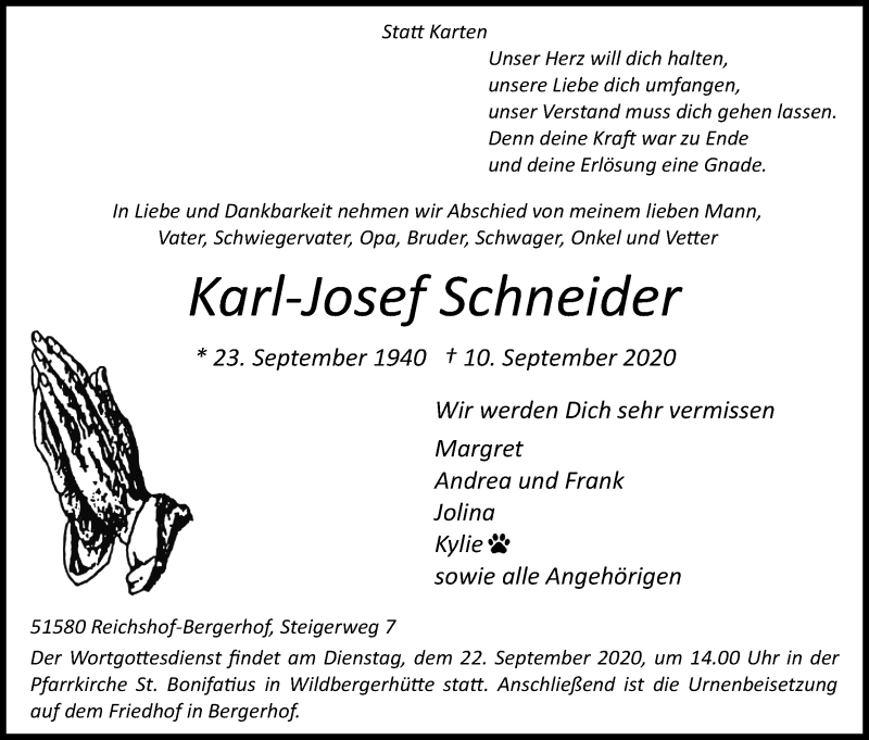  Traueranzeige für Karl-Josef Schneider vom 12.09.2020 aus Kölner Stadt-Anzeiger / Kölnische Rundschau / Express