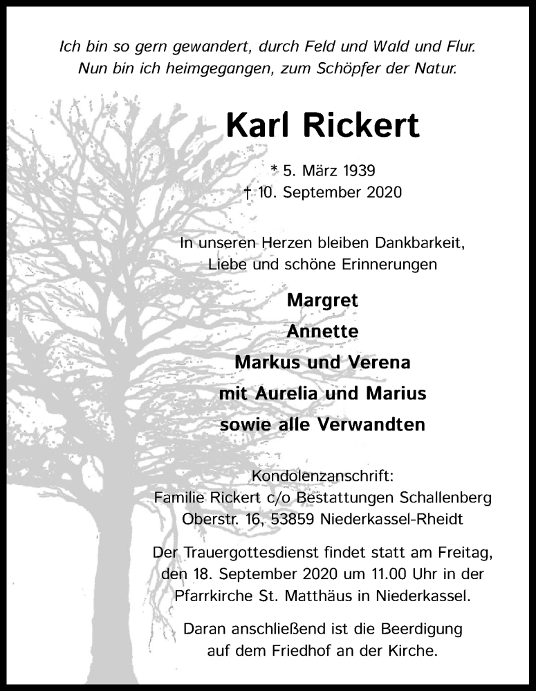  Traueranzeige für Karl Rickert vom 15.09.2020 aus Kölner Stadt-Anzeiger / Kölnische Rundschau / Express