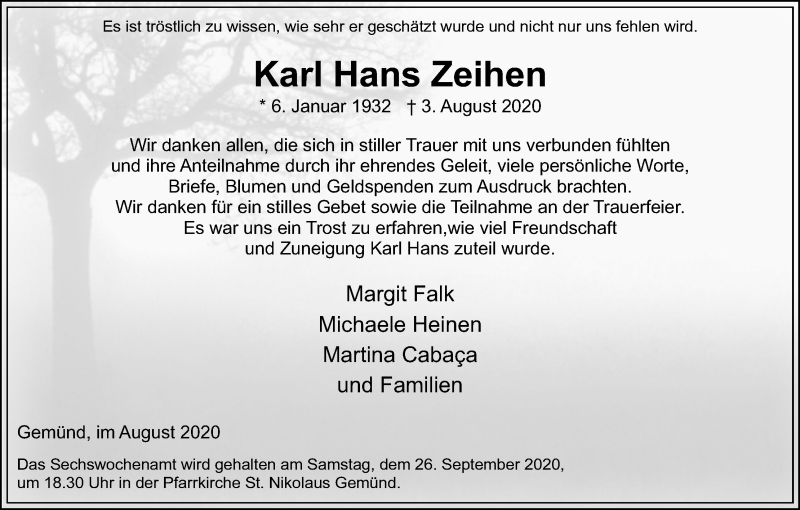  Traueranzeige für Karl Hans Zeihen vom 19.09.2020 aus Kölner Stadt-Anzeiger / Kölnische Rundschau / Express