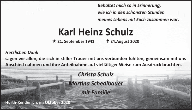  Traueranzeige für Karl Heinz Schulz vom 01.10.2020 aus  Wochenende 