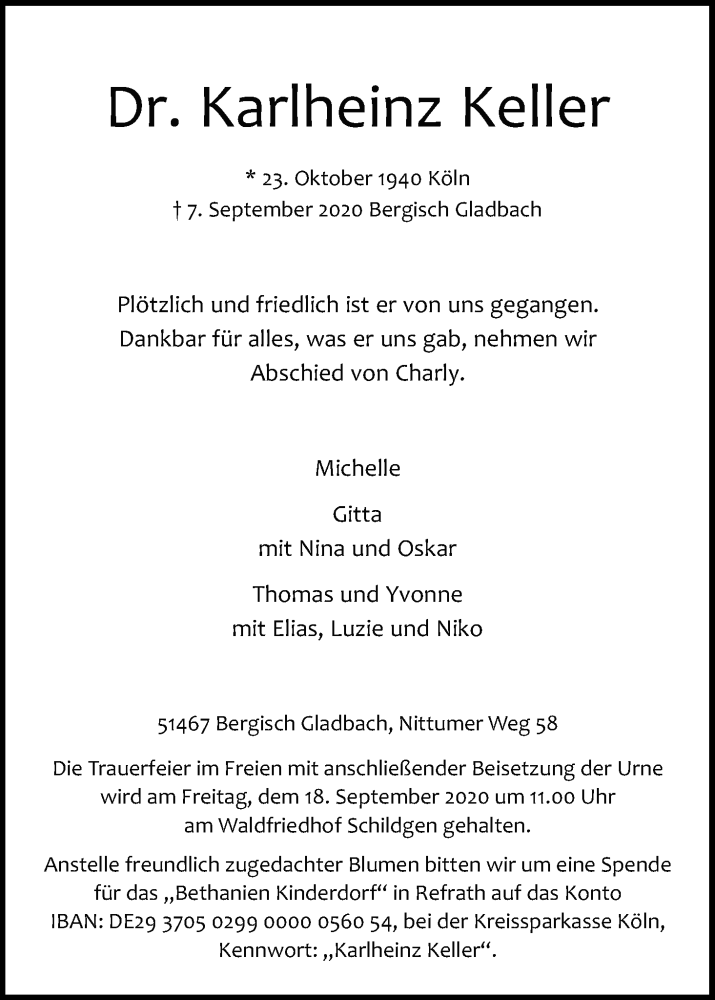  Traueranzeige für Karlheinz Keller vom 12.09.2020 aus Kölner Stadt-Anzeiger / Kölnische Rundschau / Express