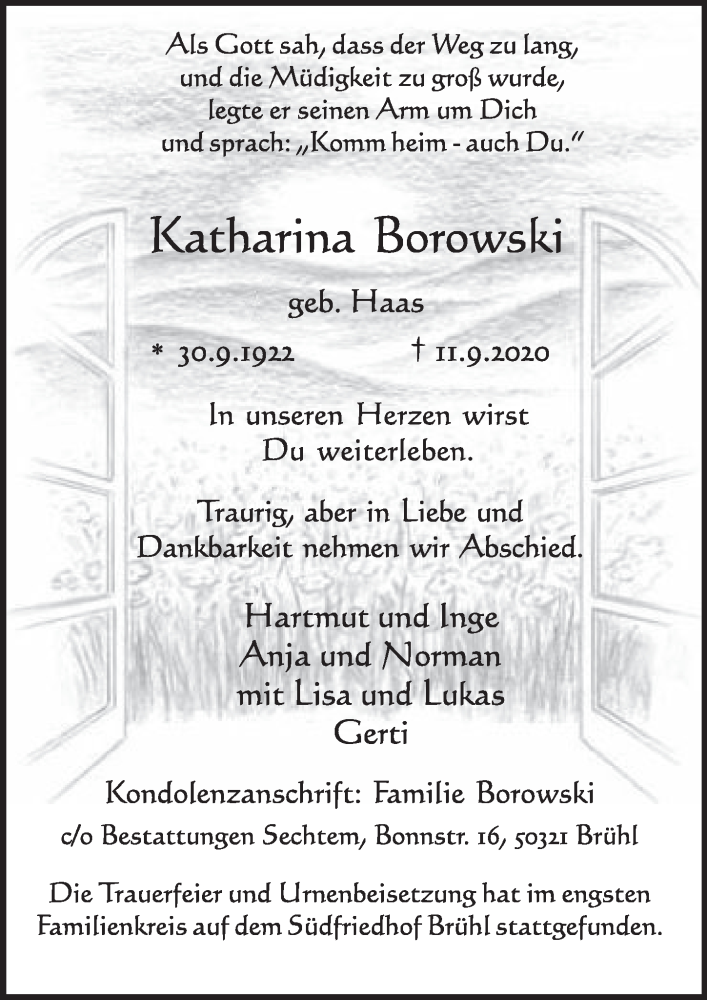  Traueranzeige für Katharina Borowski vom 25.09.2020 aus  Schlossbote/Werbekurier 