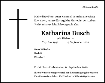 Anzeige von Katharina Busch von Kölner Stadt-Anzeiger / Kölnische Rundschau / Express