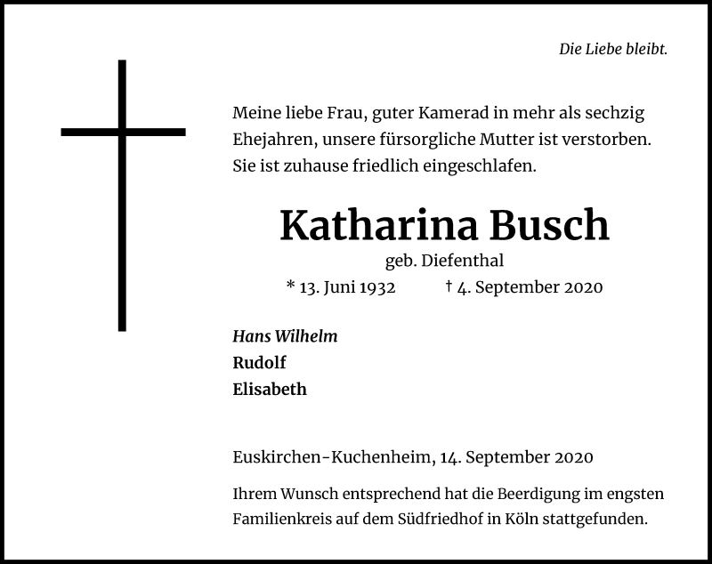  Traueranzeige für Katharina Busch vom 14.09.2020 aus Kölner Stadt-Anzeiger / Kölnische Rundschau / Express