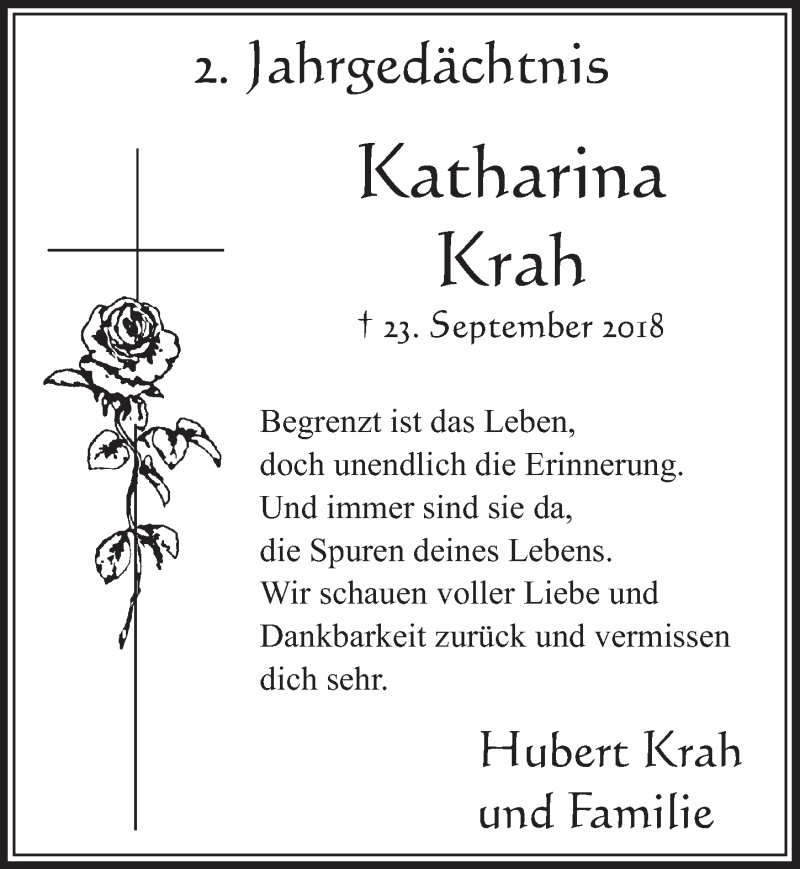  Traueranzeige für Katharina Krah vom 18.09.2020 aus  Schlossbote/Werbekurier 