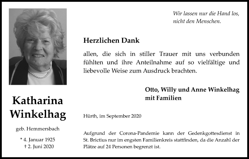  Traueranzeige für Katharina Winkelhag vom 05.09.2020 aus Kölner Stadt-Anzeiger / Kölnische Rundschau / Express