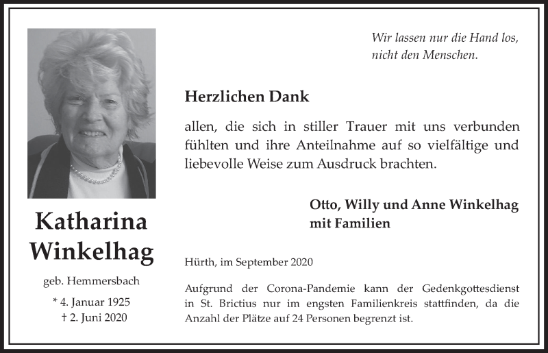  Traueranzeige für Katharina Winkelhag vom 04.09.2020 aus  Wochenende 