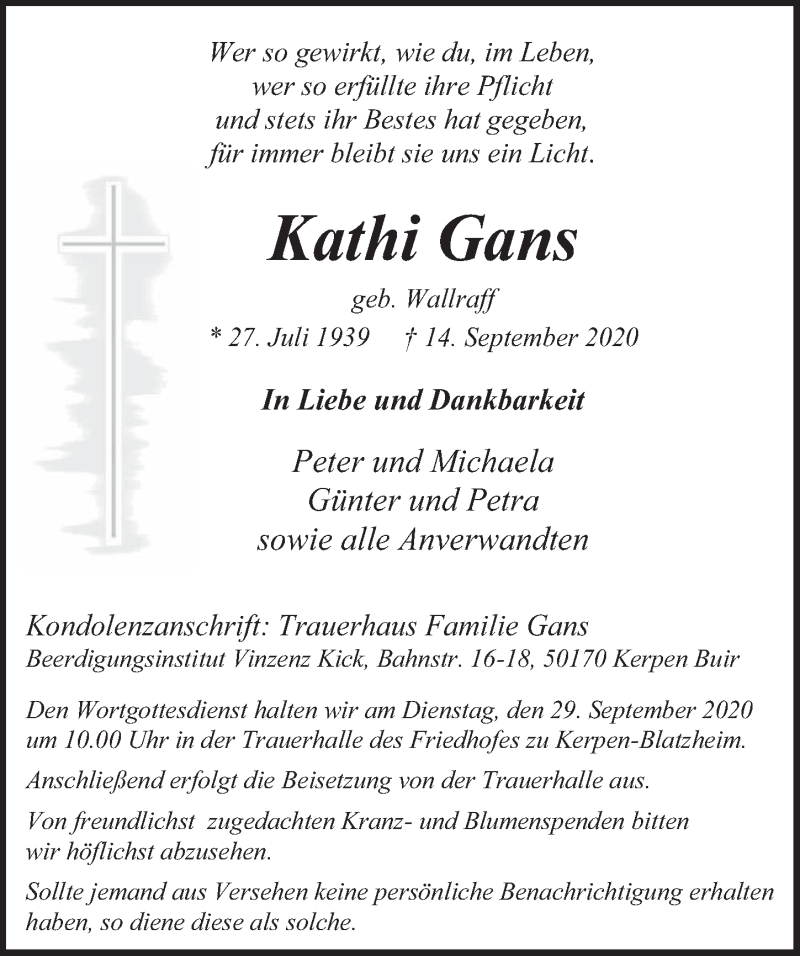 Traueranzeige für Kathi Gans vom 25.09.2020 aus  Werbepost 