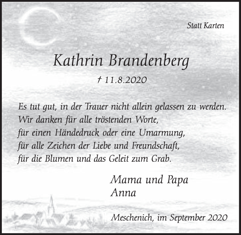  Traueranzeige für Kathrin Brandenberg vom 11.09.2020 aus  Kölner Wochenspiegel 