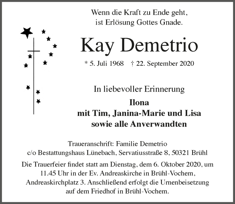  Traueranzeige für Kay Demetrio vom 01.10.2020 aus  Schlossbote/Werbekurier 