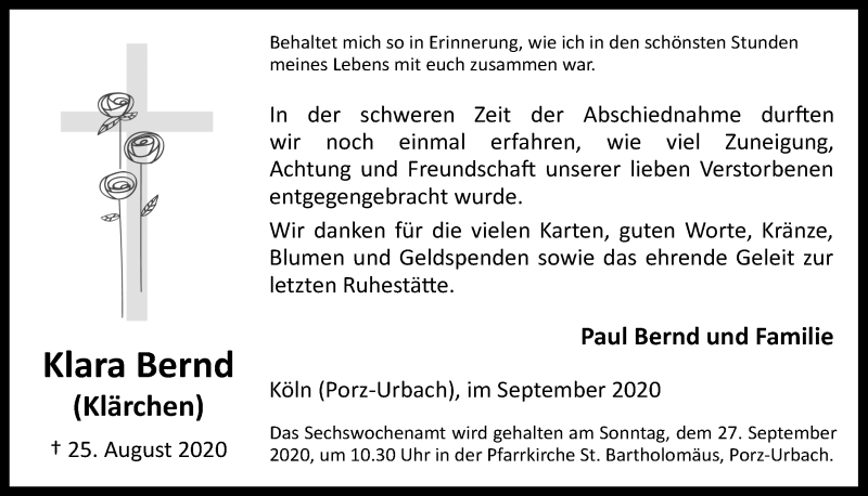  Traueranzeige für Klara Bernd vom 18.09.2020 aus  Kölner Wochenspiegel 
