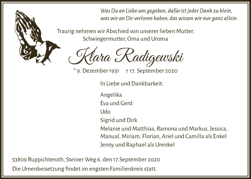  Traueranzeige für Klara Radigewski vom 01.10.2020 aus  Extra Blatt 