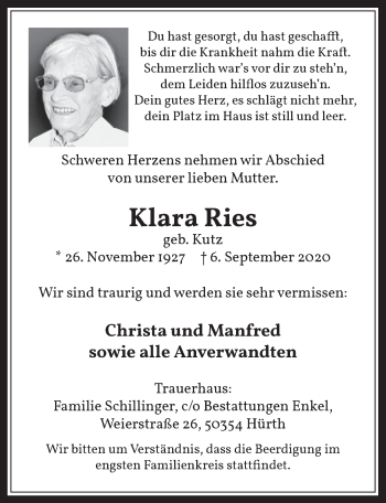 Anzeige von Klara Ries von  Wochenende 