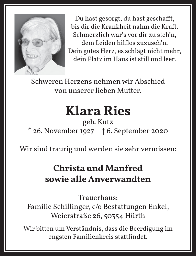  Traueranzeige für Klara Ries vom 18.09.2020 aus  Wochenende 