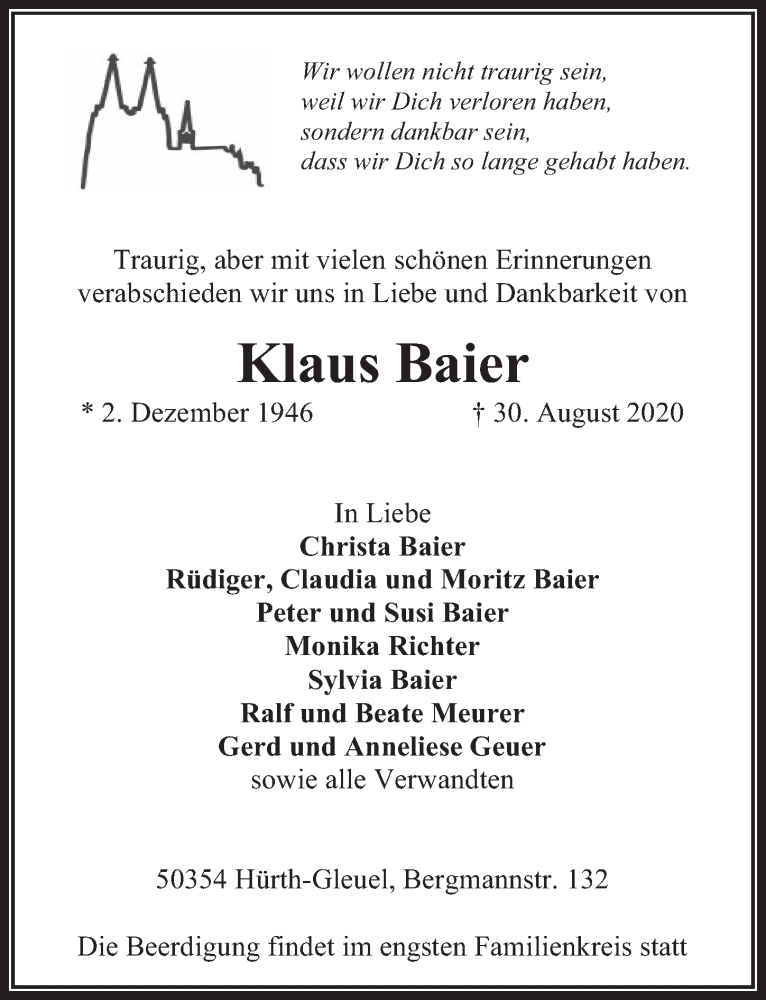  Traueranzeige für Klaus Baier vom 04.09.2020 aus  Wochenende 
