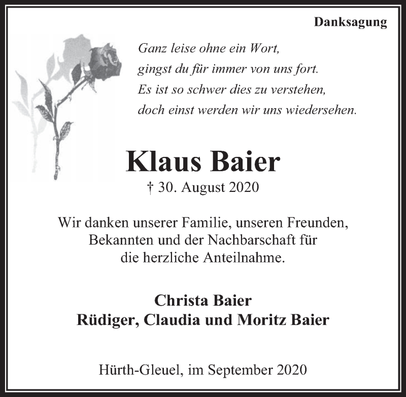  Traueranzeige für Klaus Baier vom 25.09.2020 aus  Wochenende 
