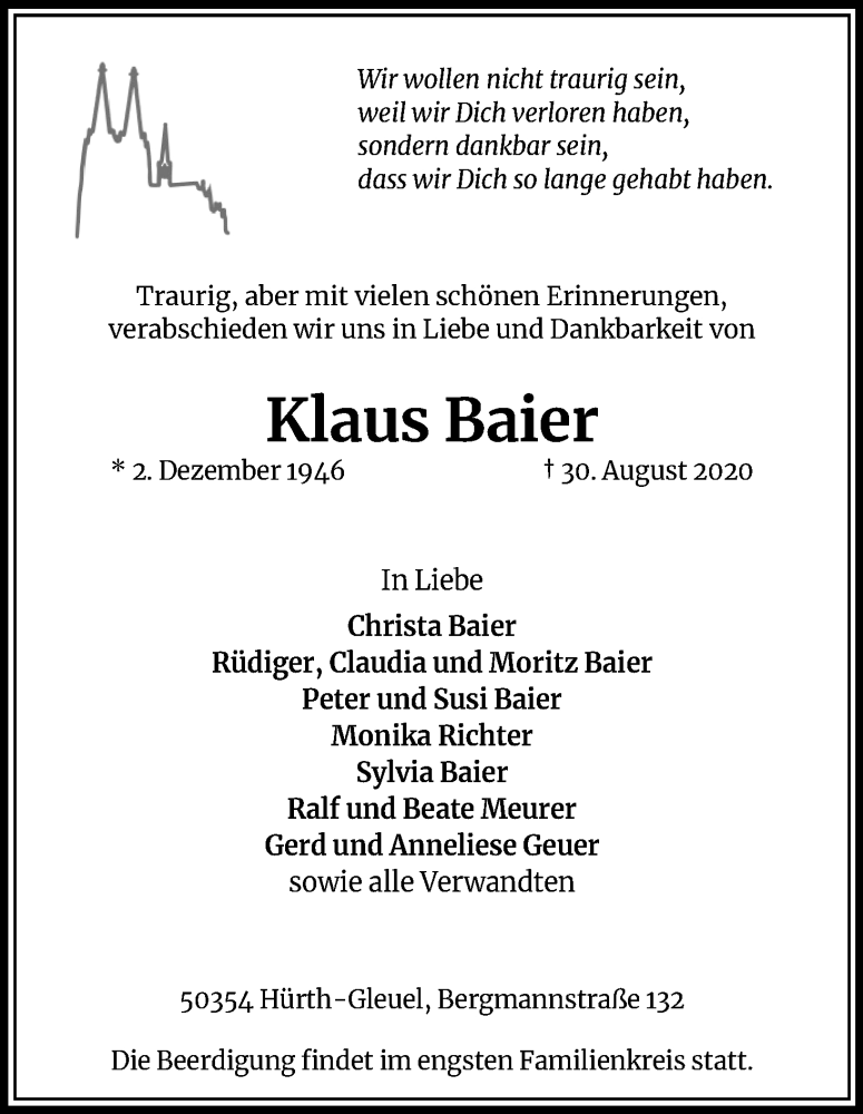  Traueranzeige für Klaus Baier vom 05.09.2020 aus Kölner Stadt-Anzeiger / Kölnische Rundschau / Express