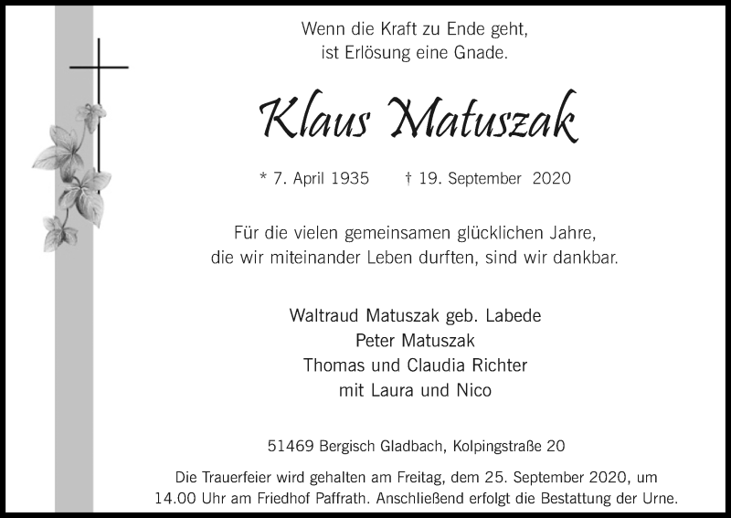  Traueranzeige für Klaus Matuszak vom 23.09.2020 aus Kölner Stadt-Anzeiger / Kölnische Rundschau / Express