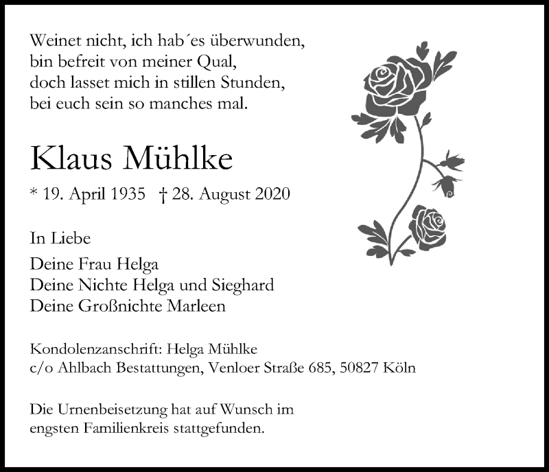  Traueranzeige für Klaus Mühlke vom 12.09.2020 aus Kölner Stadt-Anzeiger / Kölnische Rundschau / Express
