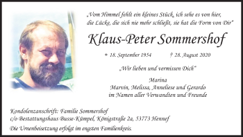 Anzeige von Klaus-Peter Sommershof von Kölner Stadt-Anzeiger / Kölnische Rundschau / Express