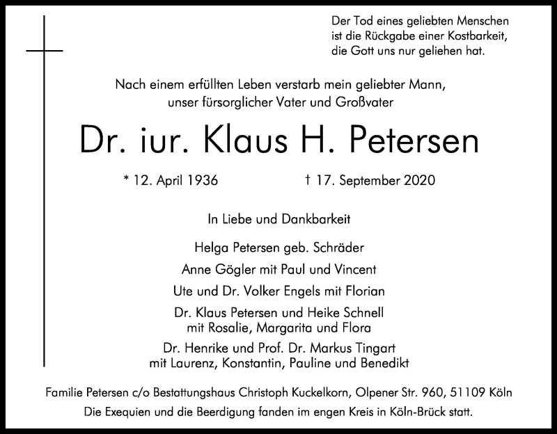  Traueranzeige für Klaus  Petersen vom 26.09.2020 aus Kölner Stadt-Anzeiger / Kölnische Rundschau / Express