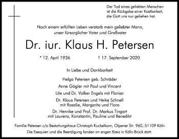 Anzeige von Klaus  Petersen von Kölner Stadt-Anzeiger / Kölnische Rundschau / Express