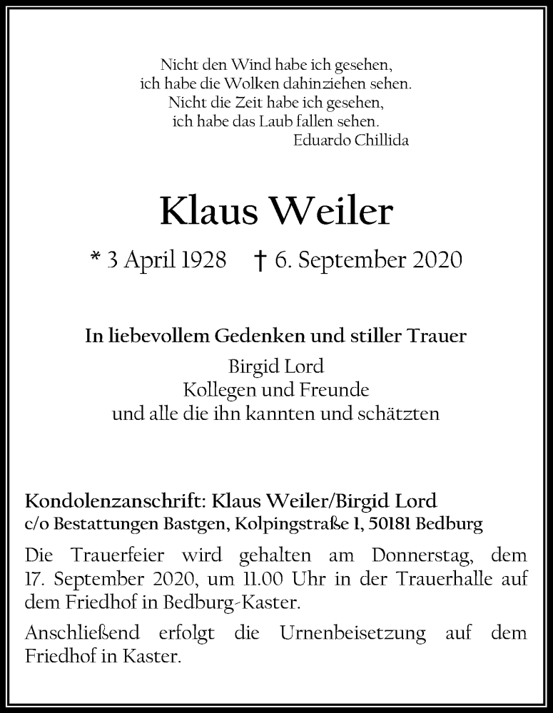  Traueranzeige für Klaus Weiler vom 12.09.2020 aus Kölner Stadt-Anzeiger / Kölnische Rundschau / Express