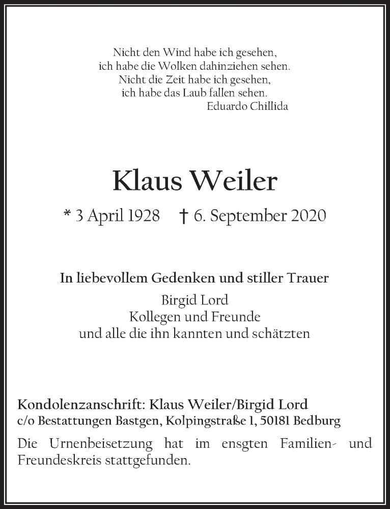  Traueranzeige für Klaus Weiler vom 18.09.2020 aus  Werbepost 