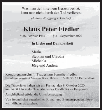 Anzeige von Klaus Peter Fiedler von  Werbepost 