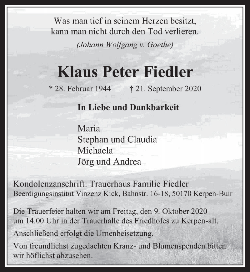  Traueranzeige für Klaus Peter Fiedler vom 01.10.2020 aus  Werbepost 