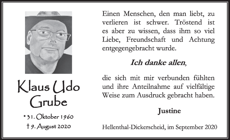  Traueranzeige für Klaus Udo Grube vom 18.09.2020 aus  Kölner Wochenspiegel 