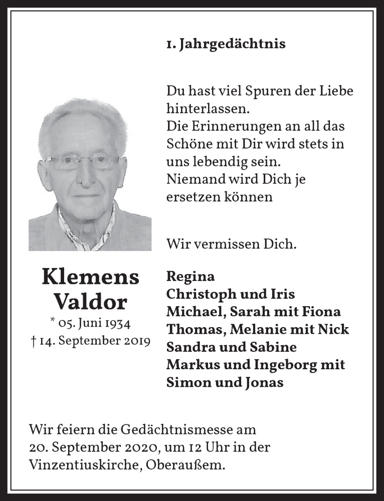  Traueranzeige für Klemens Valdor vom 11.09.2020 aus  Werbepost 