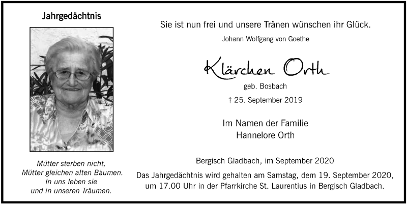  Traueranzeige für Klärchen Orth vom 11.09.2020 aus  Bergisches Handelsblatt 