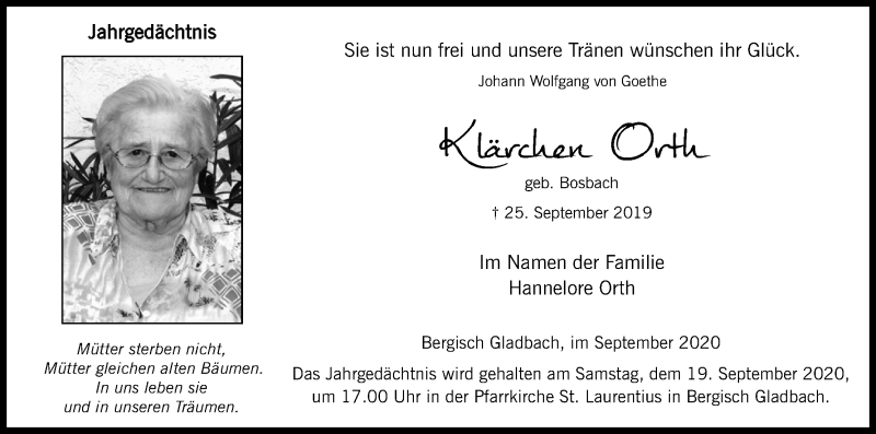  Traueranzeige für Klärchen Orth vom 05.09.2020 aus Kölner Stadt-Anzeiger / Kölnische Rundschau / Express
