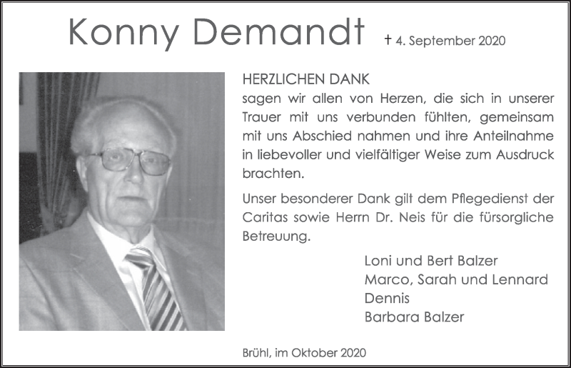  Traueranzeige für Konny Demandt vom 01.10.2020 aus  Schlossbote/Werbekurier 