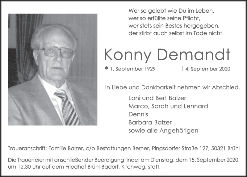  Traueranzeige für Konny Demandt vom 11.09.2020 aus  Schlossbote/Werbekurier 